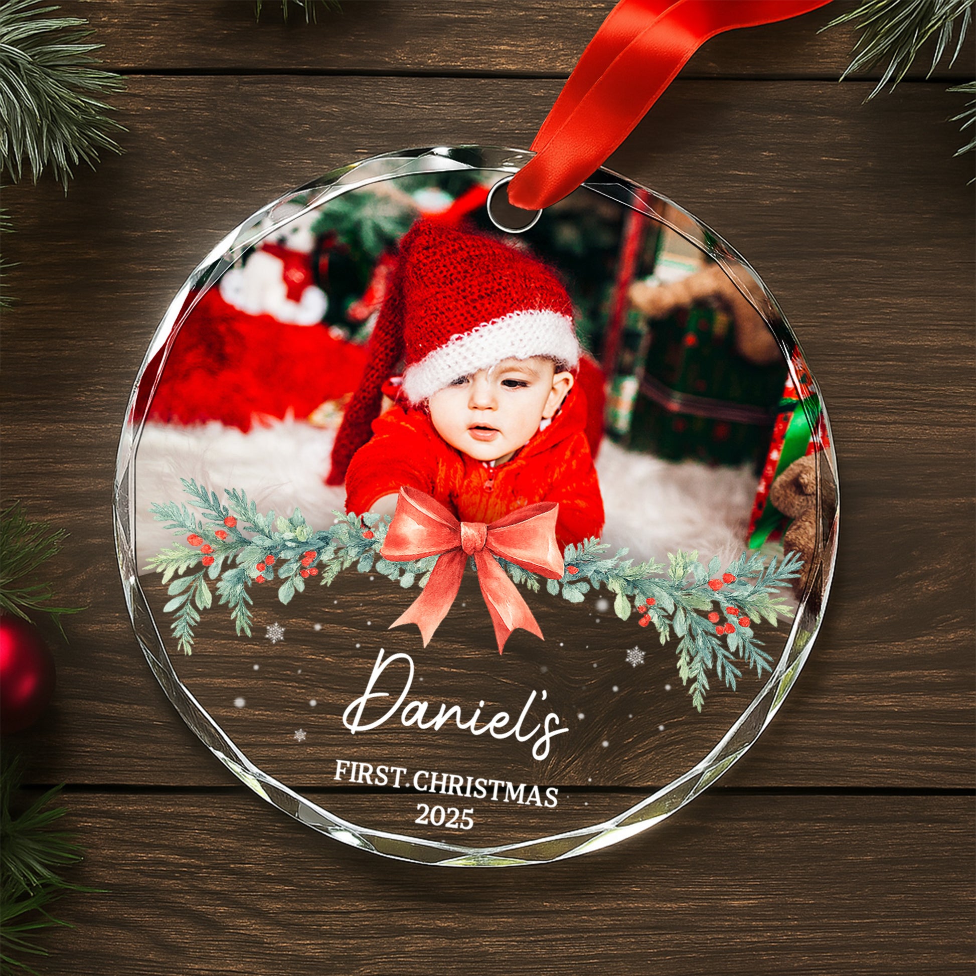 First Christmas With Adorable Santa Hat And Red Bow