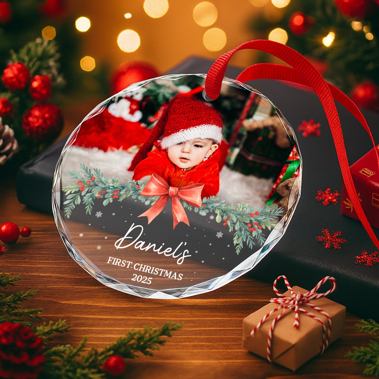 First Christmas With Adorable Santa Hat And Red Bow