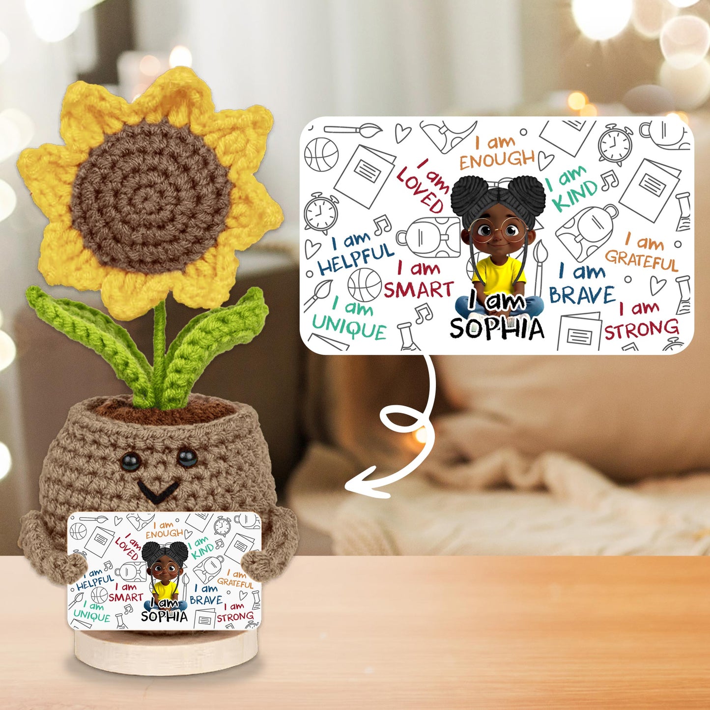 I Am Loved I Am Enough Brave Unique Sunflower - Crochet Doll With Custom Card - KID243_CDOLL