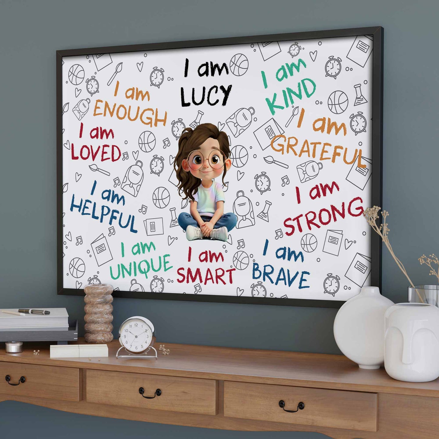 I Am Enough, I Am Loved, Cartoon Girl With Positive Affirmations