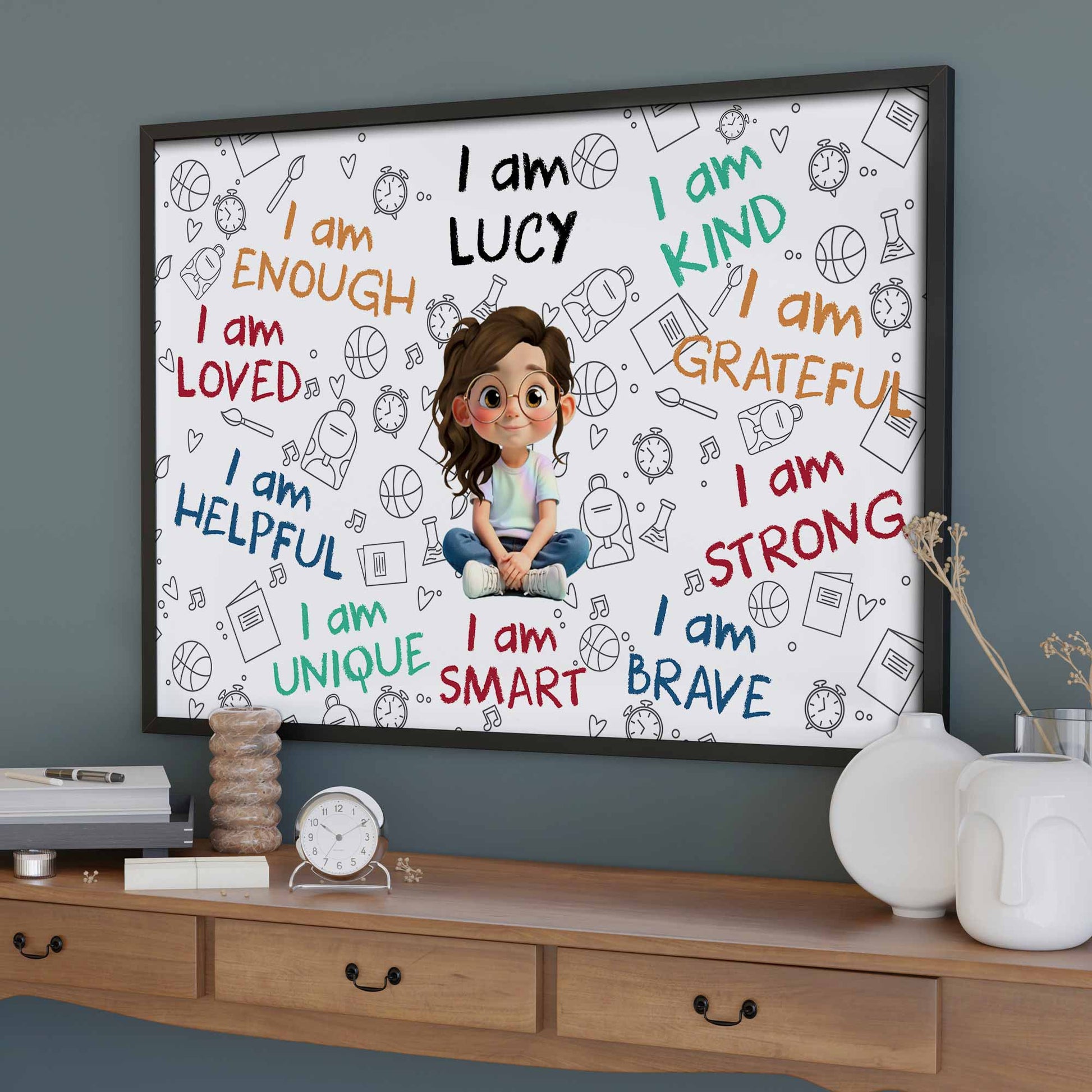 I Am Enough, I Am Loved, Cartoon Girl With Positive Affirmations