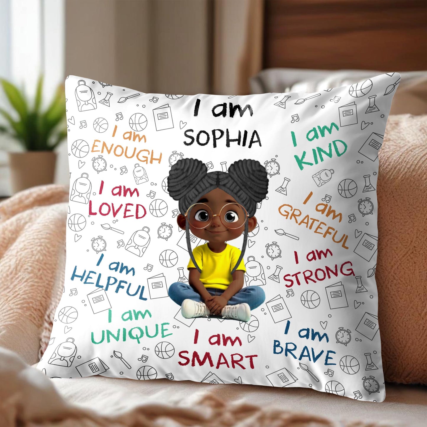 I Am Enough, Loved, Unique, Brave, Cartoon Girl - Personalized Custom Pillow, Insert Included - KID243_PLW