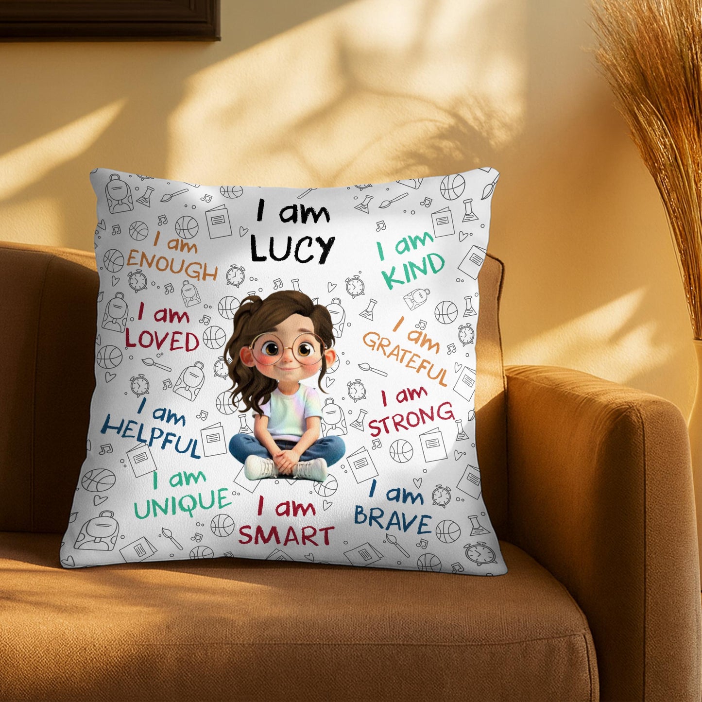 I Am Enough, Loved, Unique, Brave, Cartoon Girl - Personalized Custom Pillow, Insert Included - KID243_PLW