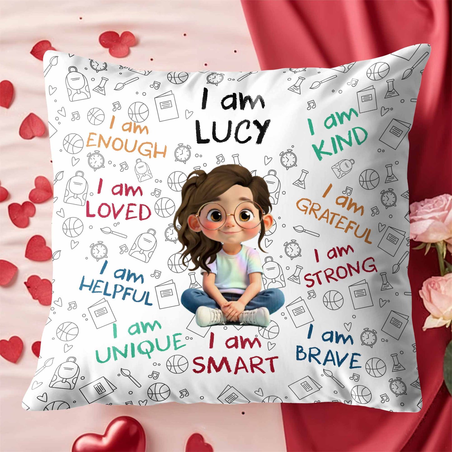 I Am Enough, Loved, Unique, Brave, Cartoon Girl - Personalized Custom Pillow, Insert Included - KID243_PLW