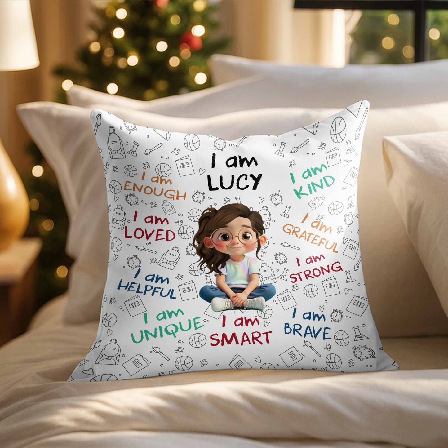 I Am Enough, Loved, Unique, Brave, Cartoon Girl - Personalized Custom Pillow, Insert Included - KID243_PLW