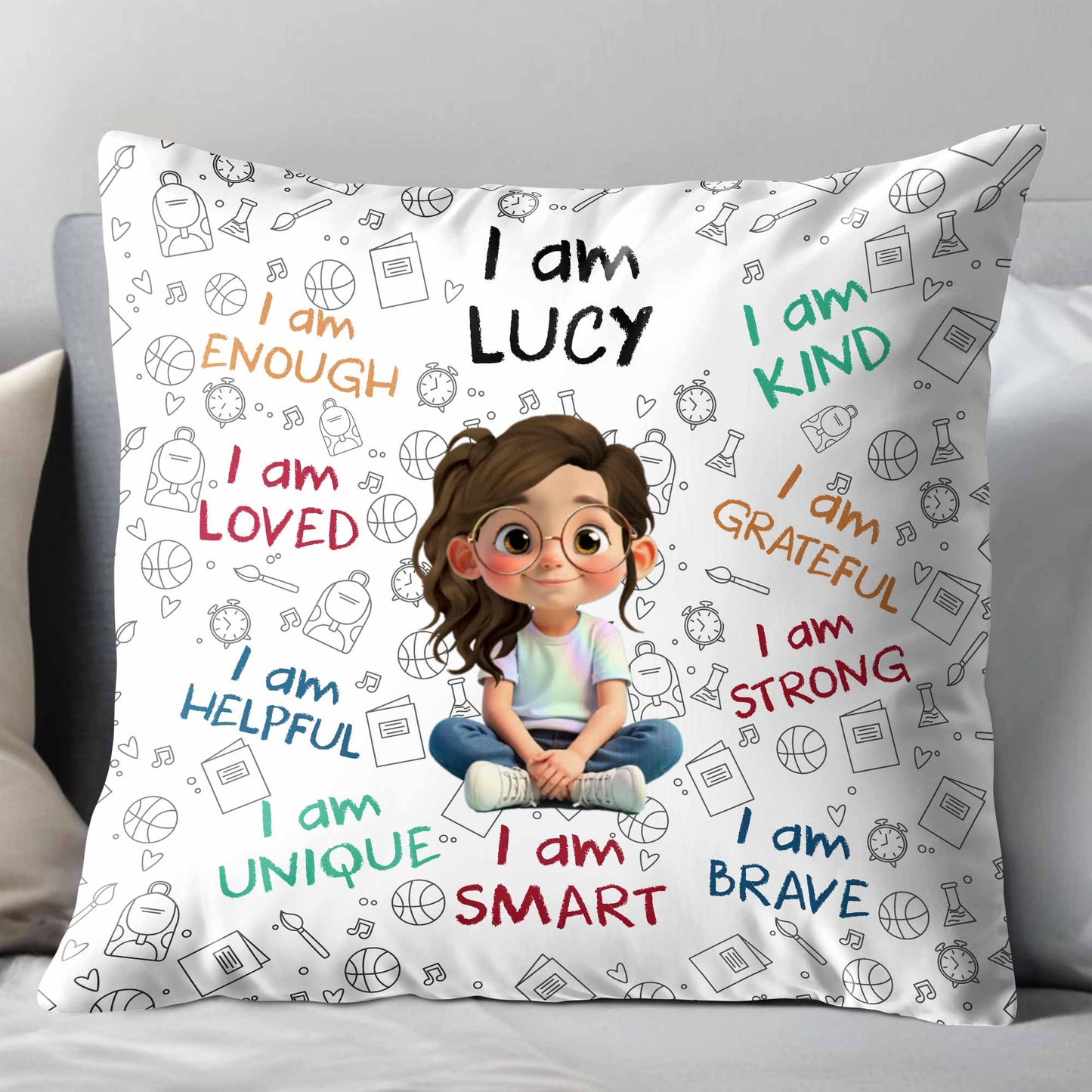 I Am Enough, Loved, Unique, Brave, Cartoon Girl - Personalized Custom Pillow, Insert Included - KID243_PLW