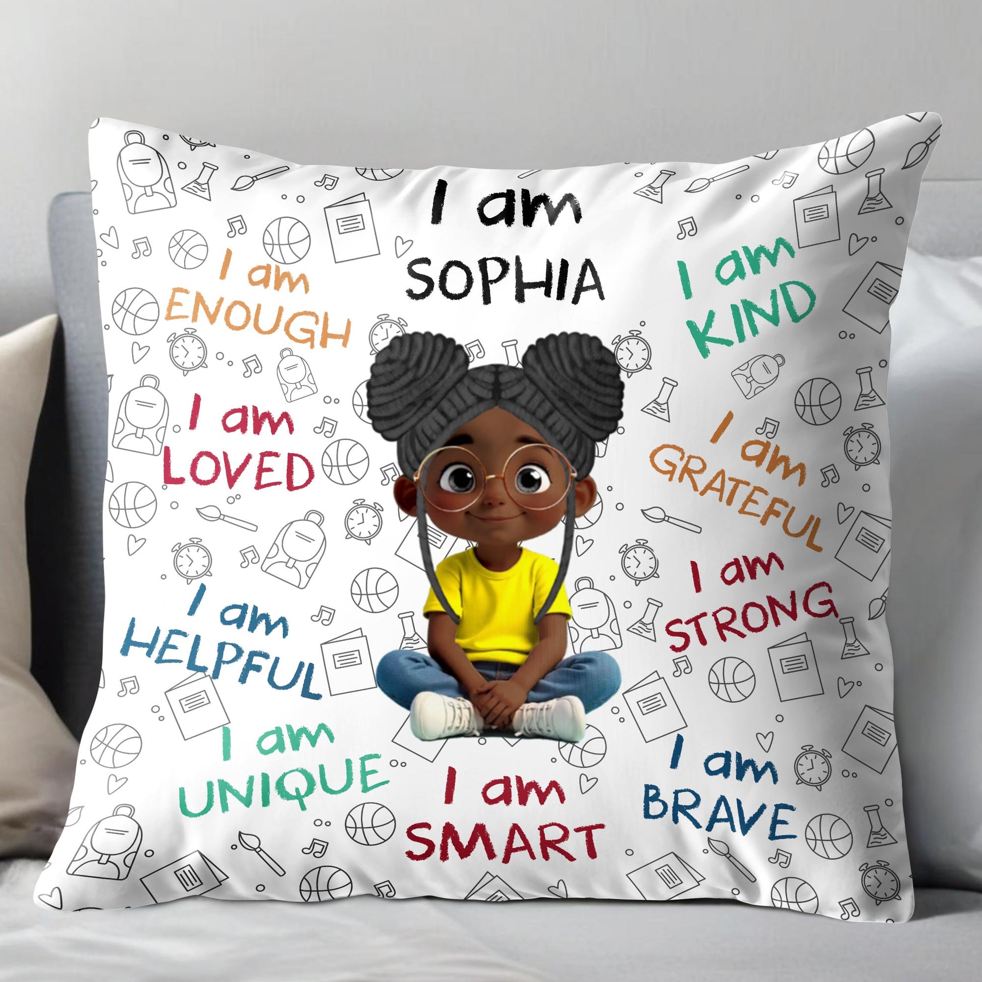 I Am Enough, Loved, Unique, Brave, Cartoon Girl