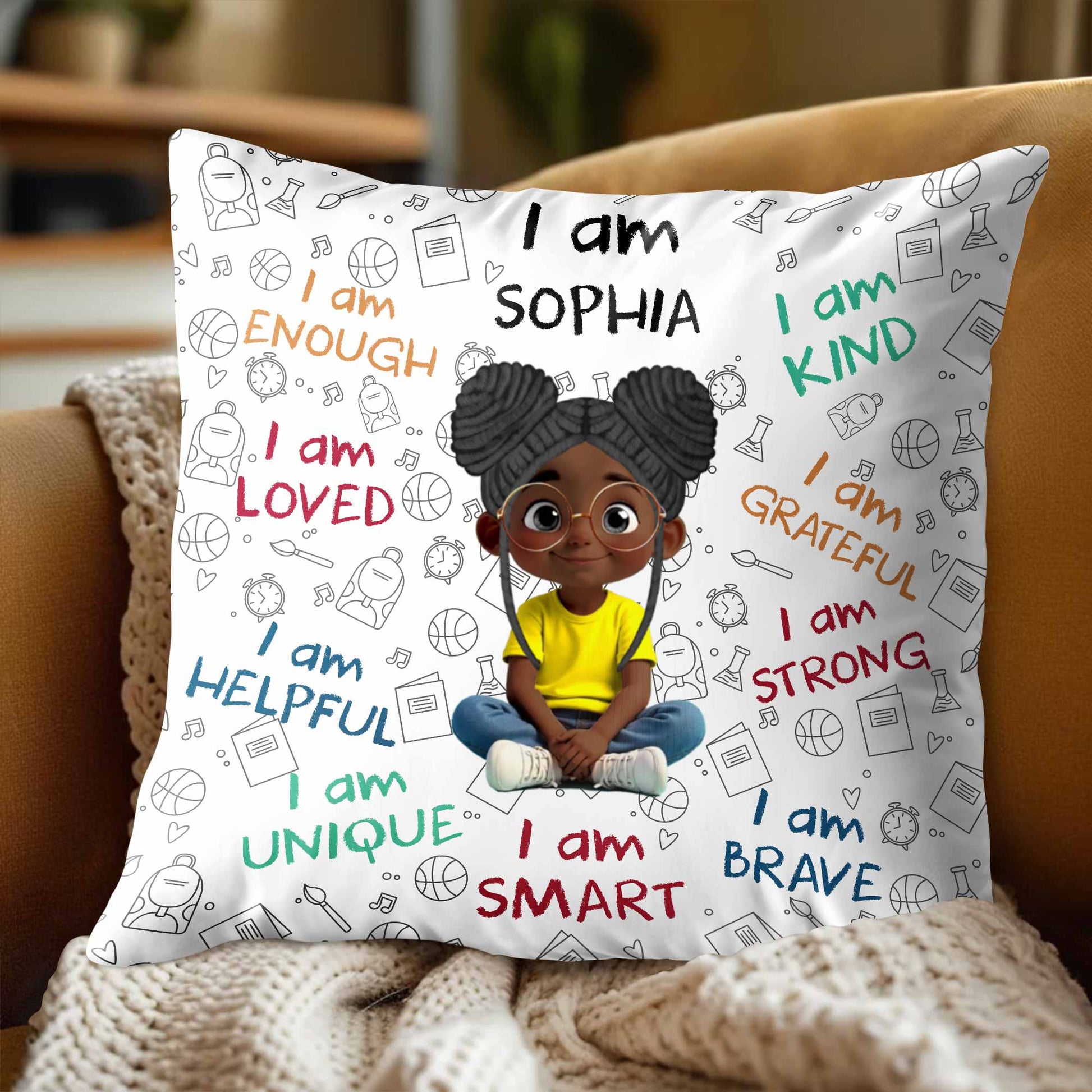 I Am Enough, Loved, Unique, Brave, Cartoon Girl