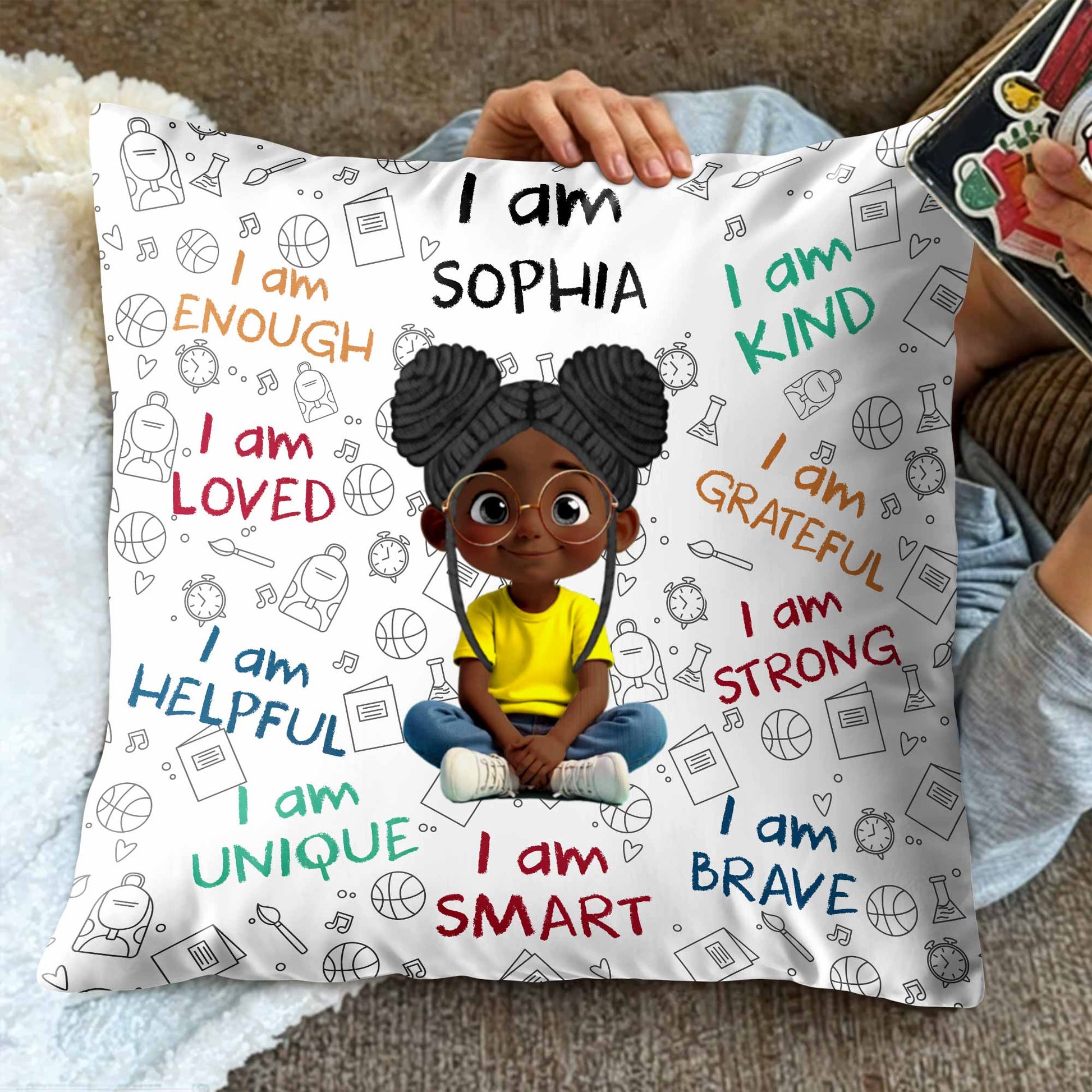 I Am Enough, Loved, Unique, Brave, Cartoon Girl