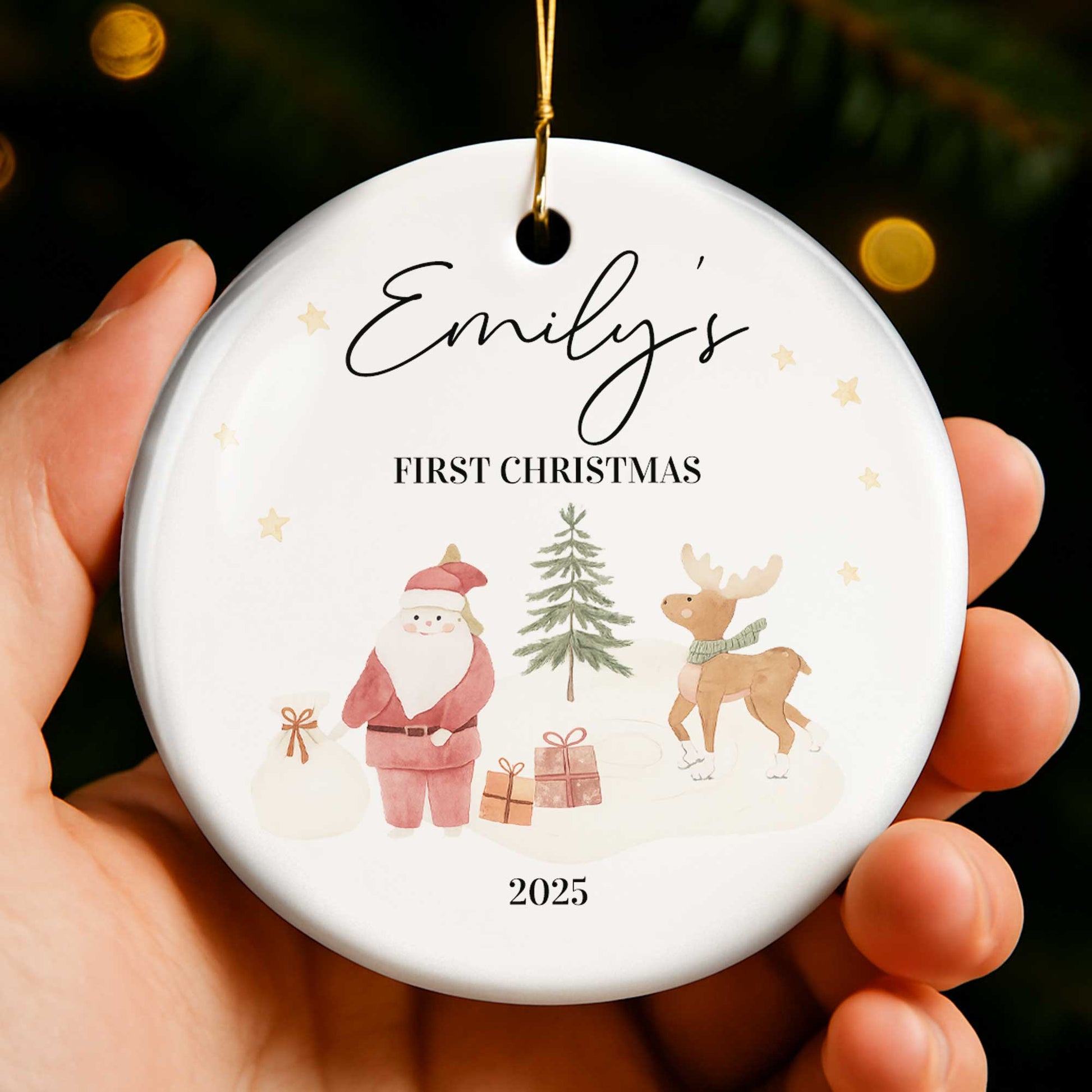First Christmas With Santa, Reindeer, And Gifts