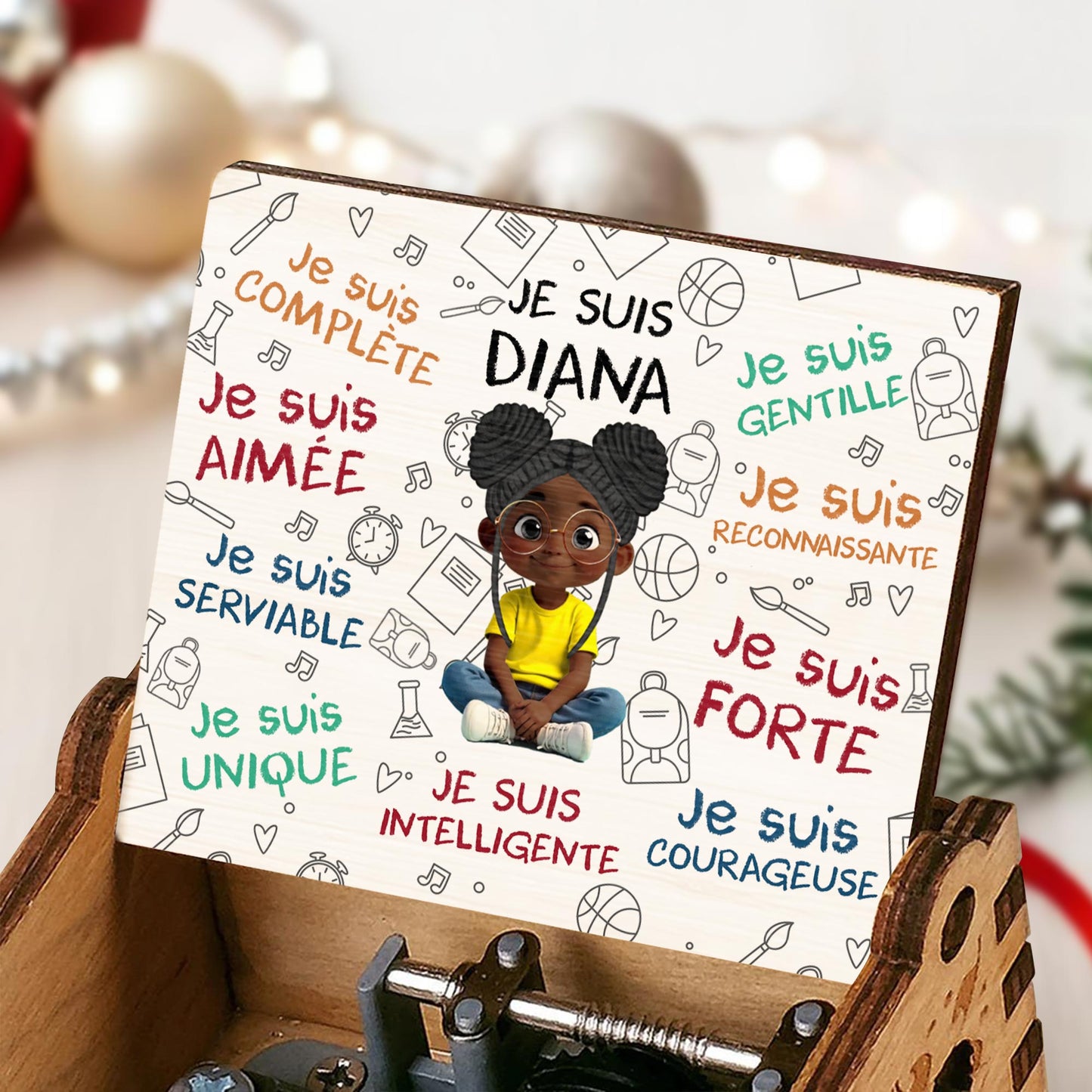 Je Suis Sufficiente, Girl With Music Notes And Heart - Custom Music Box With "You Are My Sunshine" Tune - KID316_MZB