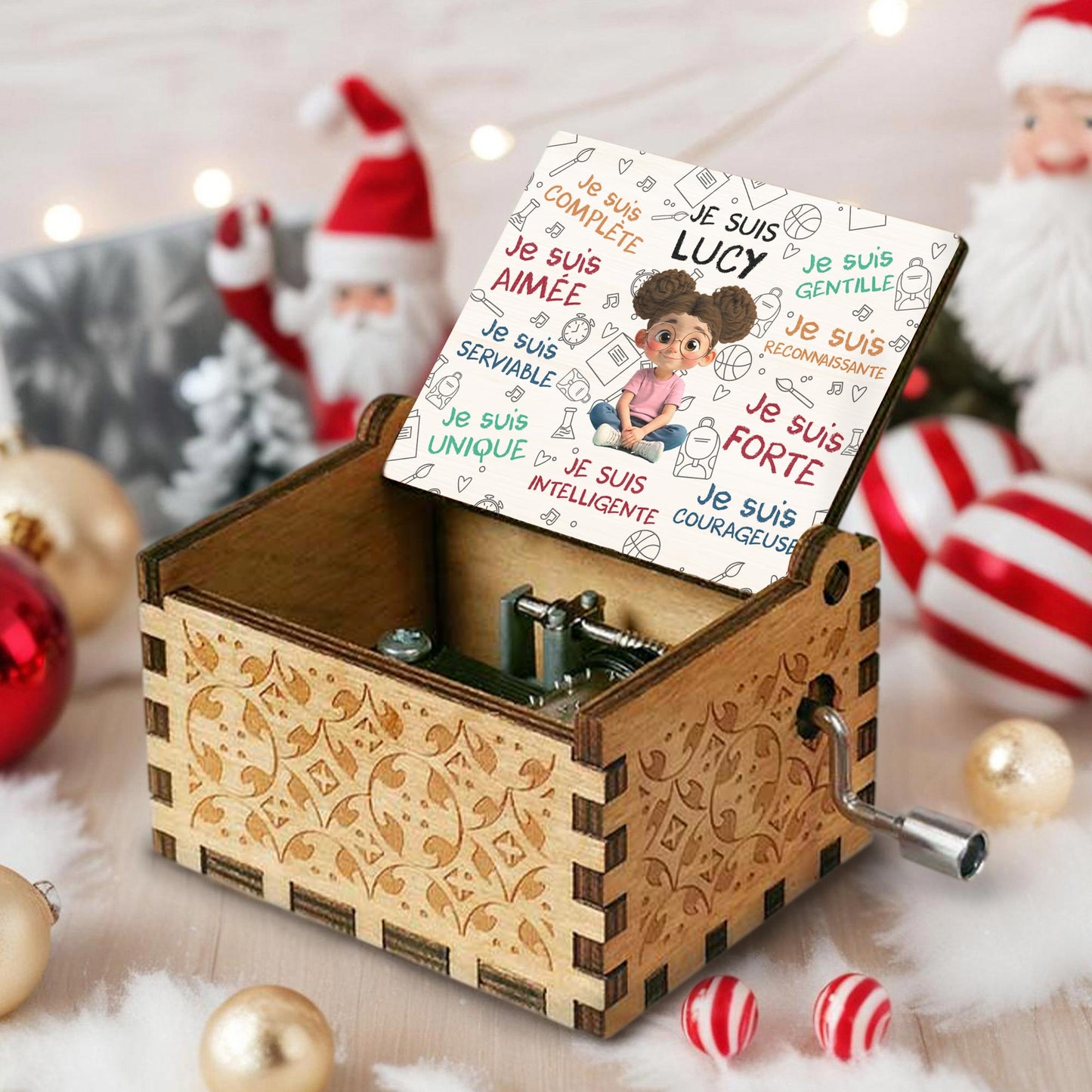 Je Suis Sufficiente, Girl With Music Notes And Heart - Custom Music Box With "You Are My Sunshine" Tune - KID316_MZB