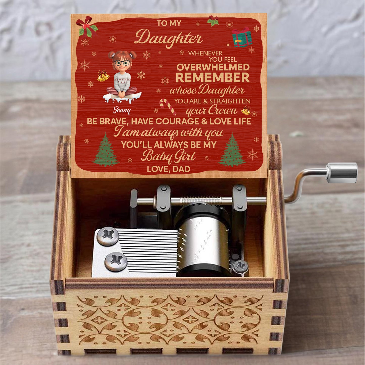 To My Daughter, Remember Your Strength & Crown, Christmas Tree - Custom Music Box With "We Wish You A Merry Christmas" Tune - KID316_MZX