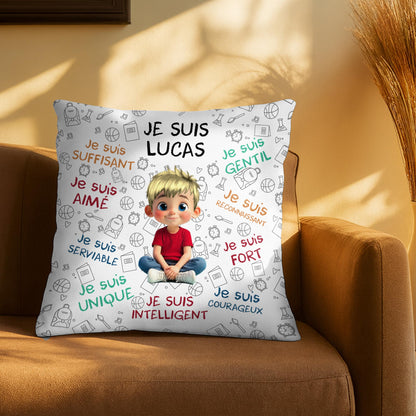 Je Suis Unique, Courteous, Loved, Custom Cartoon Girl Pillow - Personalized Custom Pillow, Insert Included - KID316_PLW