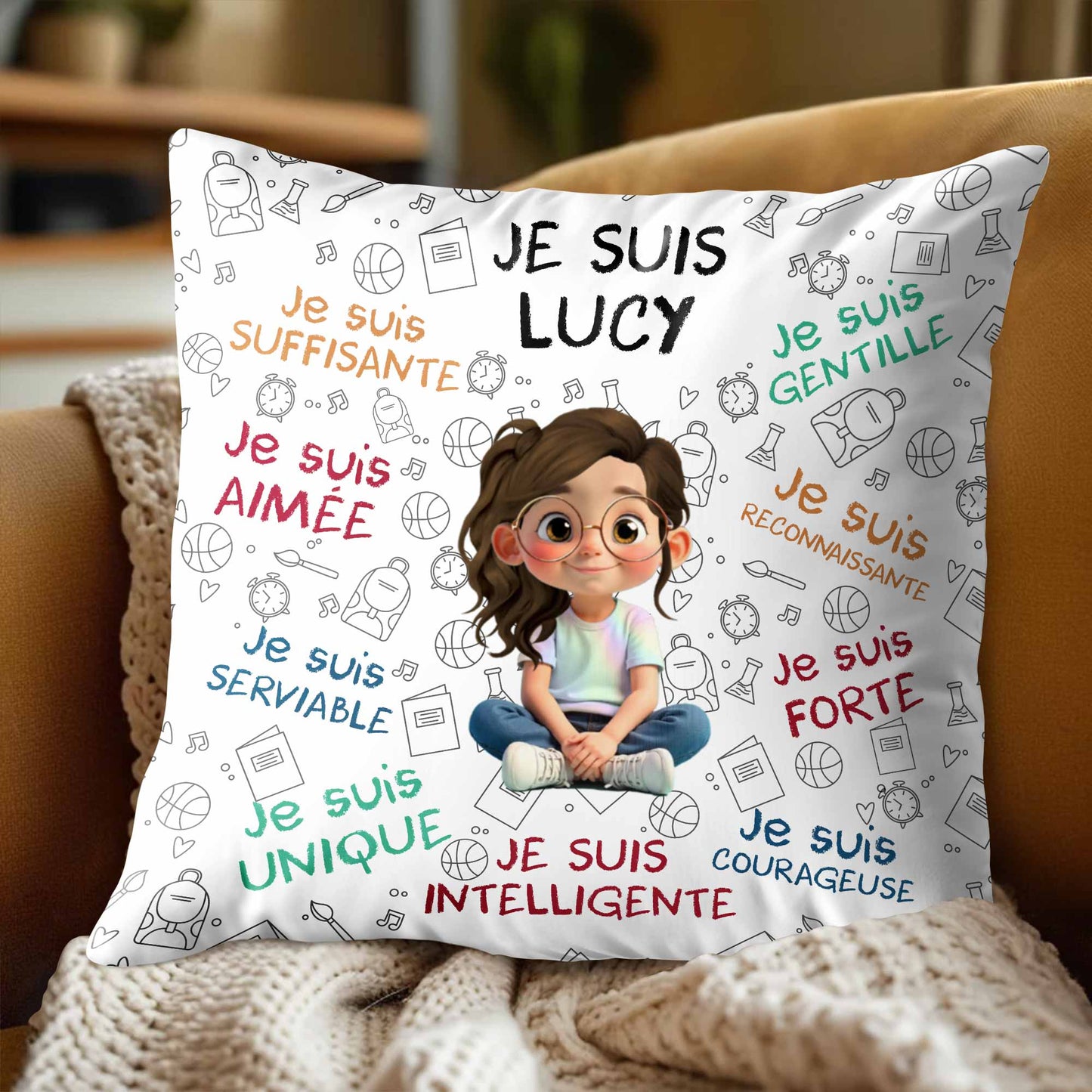 Je Suis Unique, Courteous, Loved, Custom Cartoon Girl Pillow - Personalized Custom Pillow, Insert Included - KID316_PLW