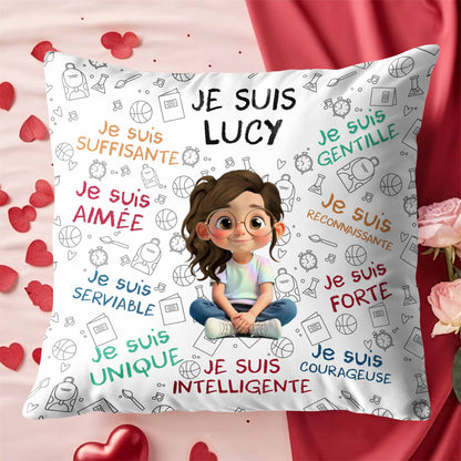 Je Suis Unique, Courteous, Loved, Custom Cartoon Girl Pillow - Personalized Custom Pillow, Insert Included - KID316_PLW