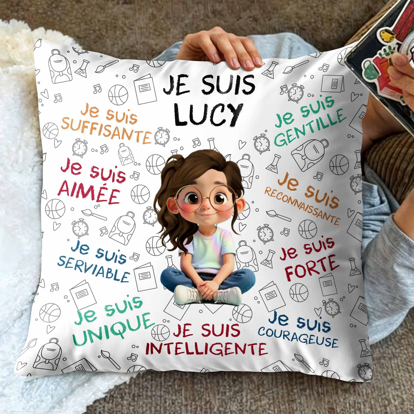 Je Suis Unique, Courteous, Loved, Custom Cartoon Girl Pillow - Personalized Custom Pillow, Insert Included - KID316_PLW