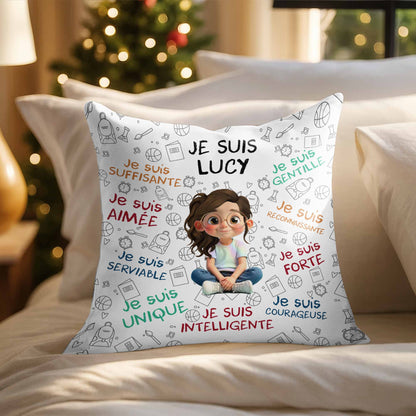 Je Suis Unique, Courteous, Loved, Custom Cartoon Girl Pillow - Personalized Custom Pillow, Insert Included - KID316_PLW
