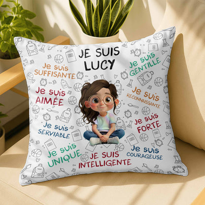 Je Suis Unique, Courteous, Loved, Custom Cartoon Girl Pillow - Personalized Custom Pillow, Insert Included - KID316_PLW