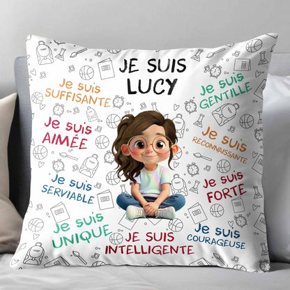 Je Suis Unique, Courteous, Loved, Custom Cartoon Girl Pillow - Personalized Custom Pillow, Insert Included - KID316_PLW