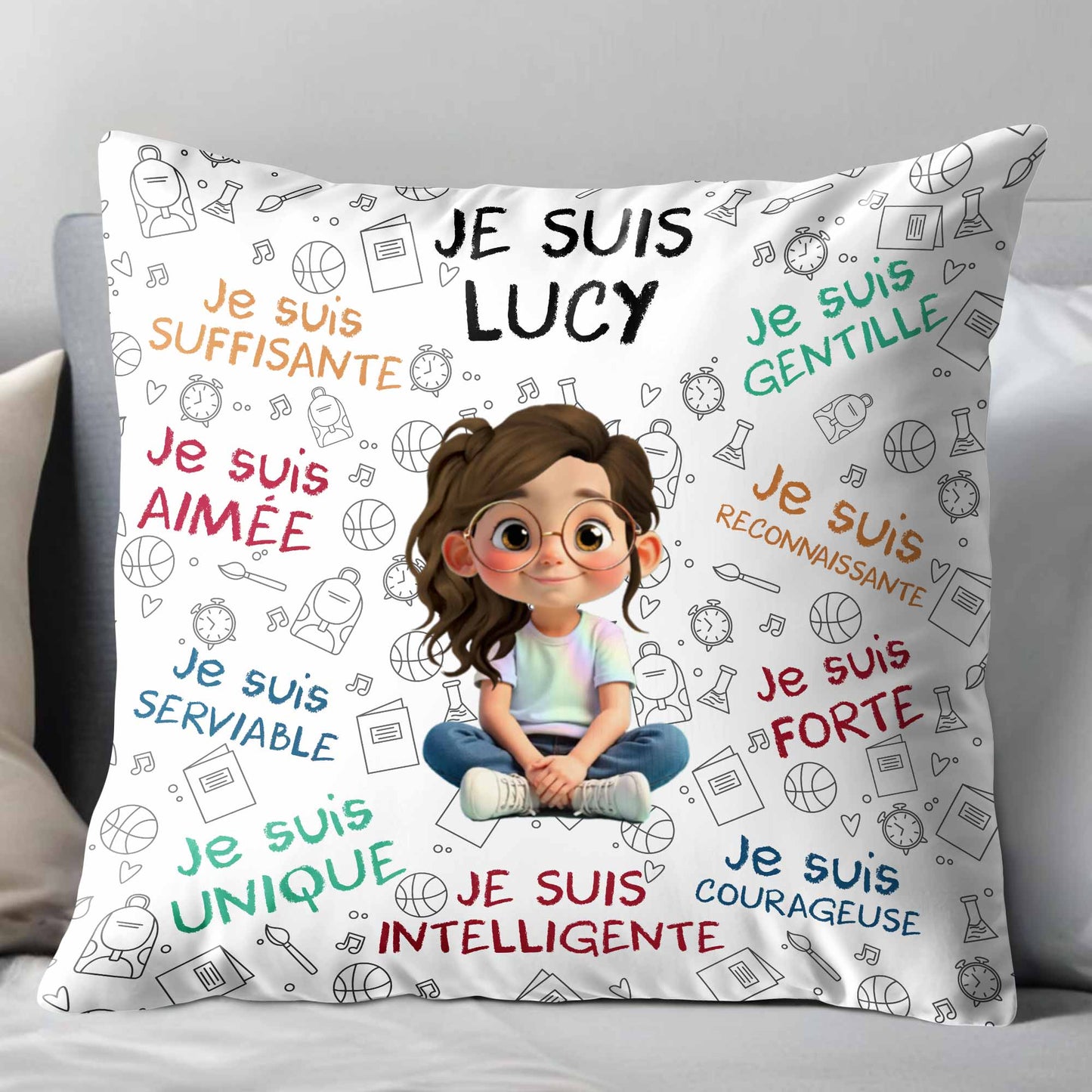 Je Suis Unique, Courteous, Loved, Custom Cartoon Girl Pillow