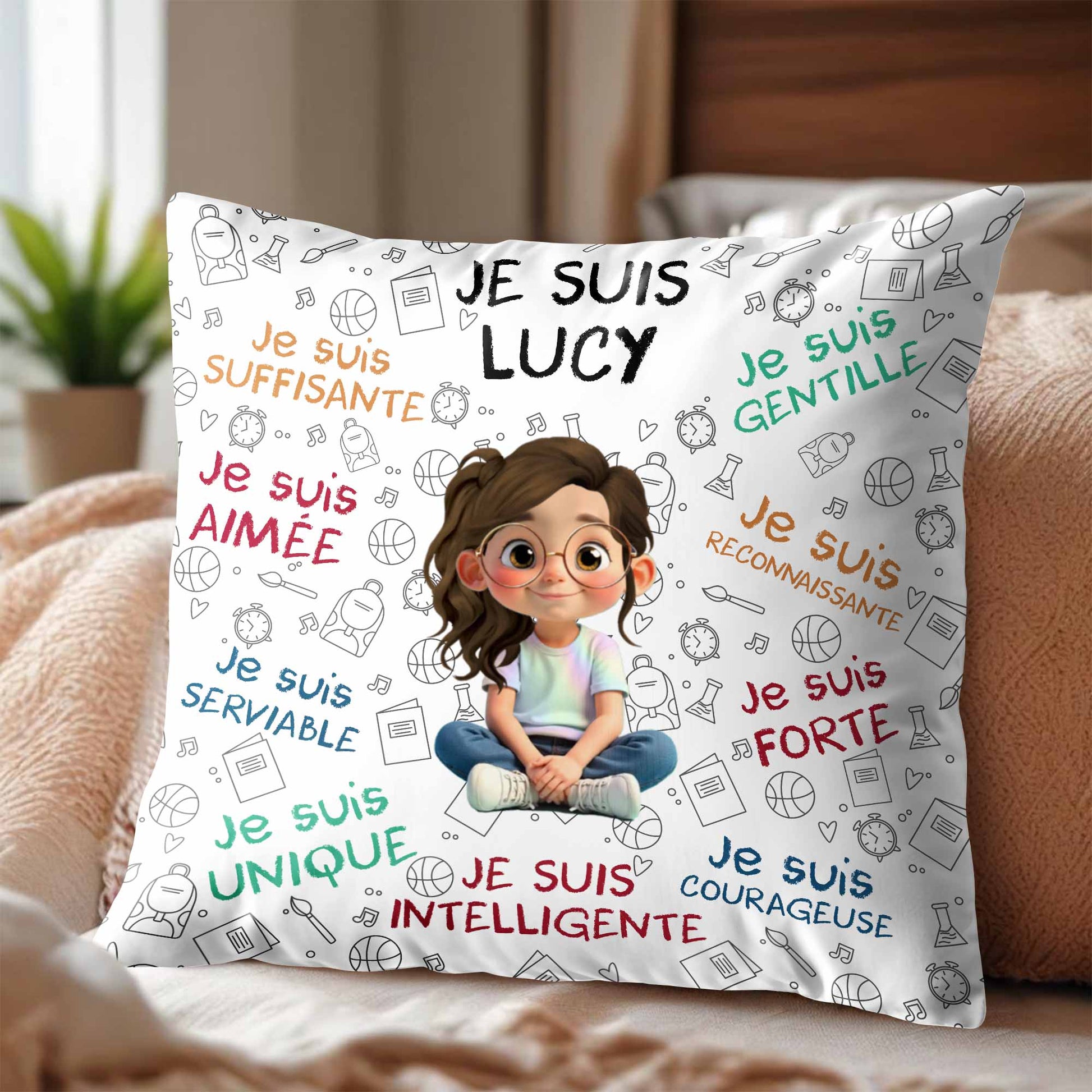 Je Suis Unique, Courteous, Loved, Custom Cartoon Girl Pillow