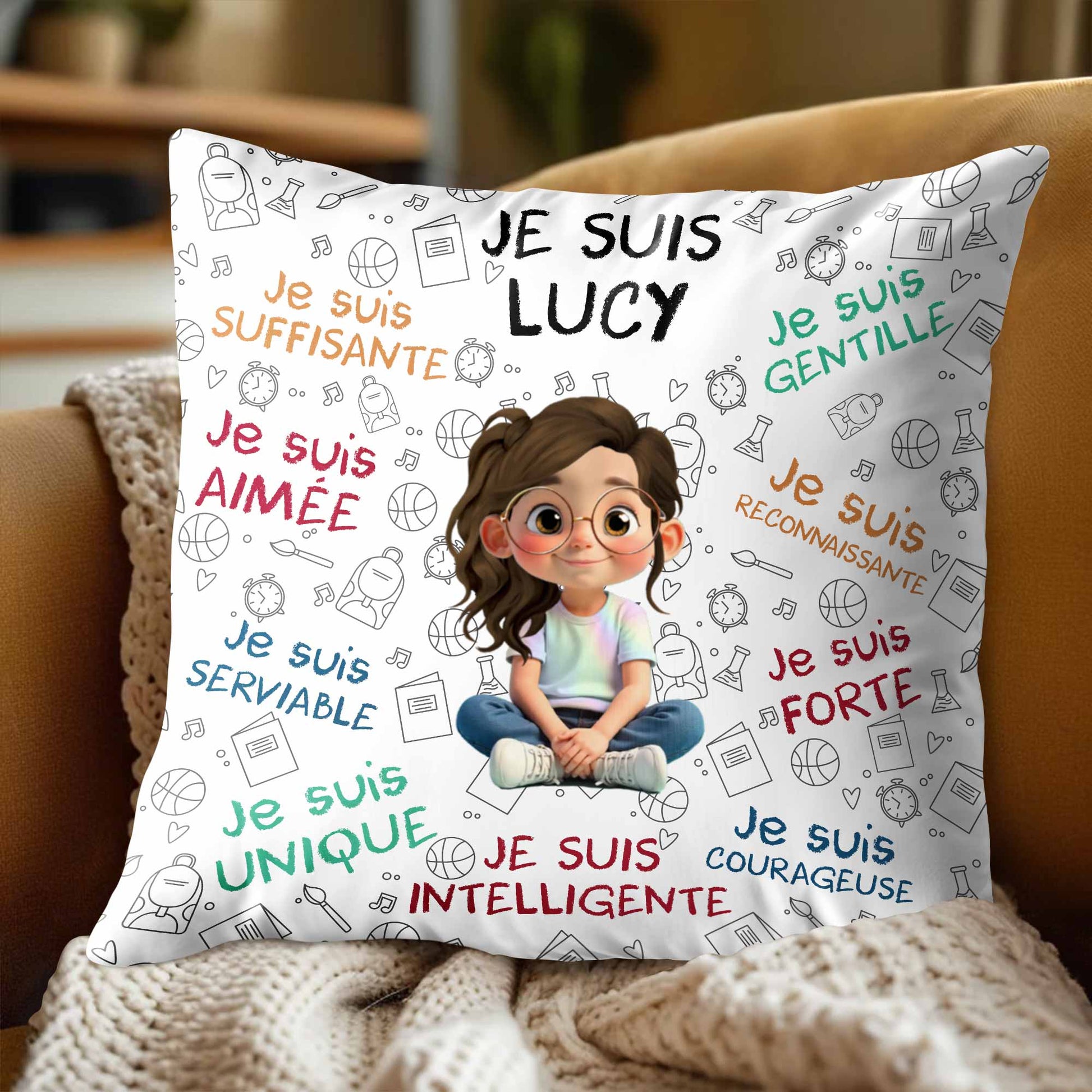 Je Suis Unique, Courteous, Loved, Custom Cartoon Girl Pillow