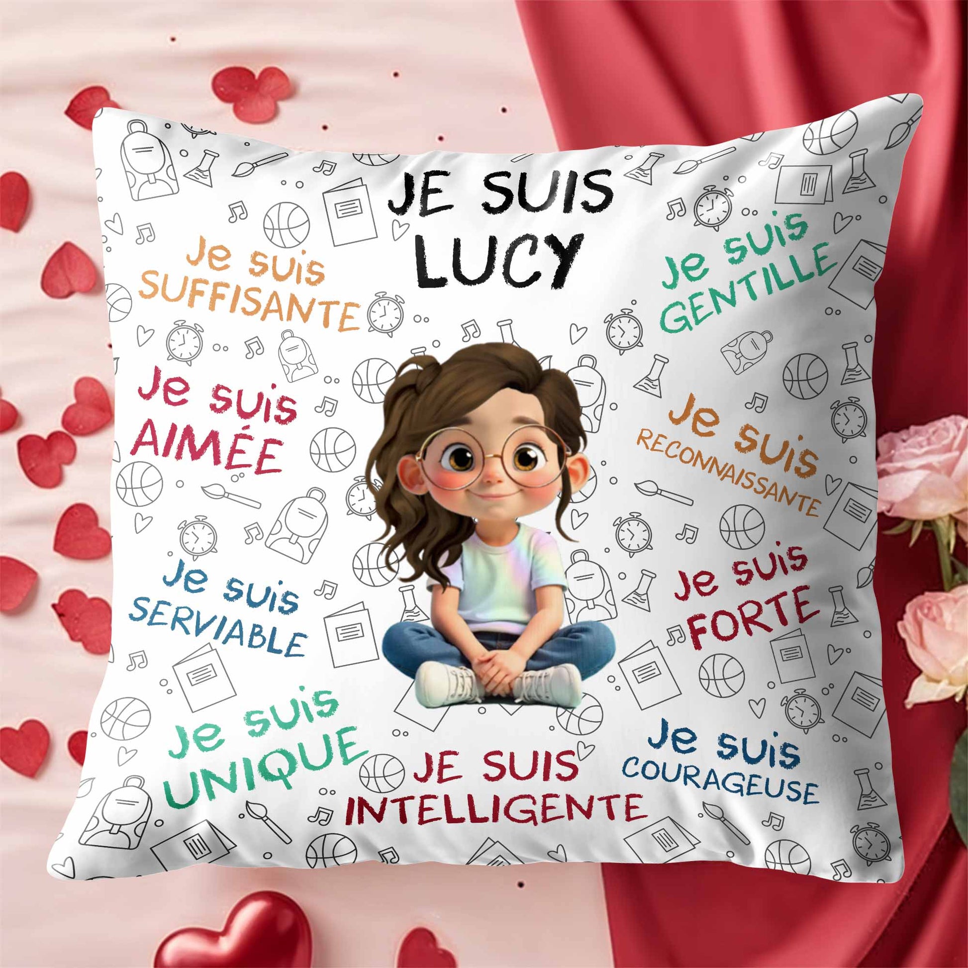 Je Suis Unique, Courteous, Loved, Custom Cartoon Girl Pillow