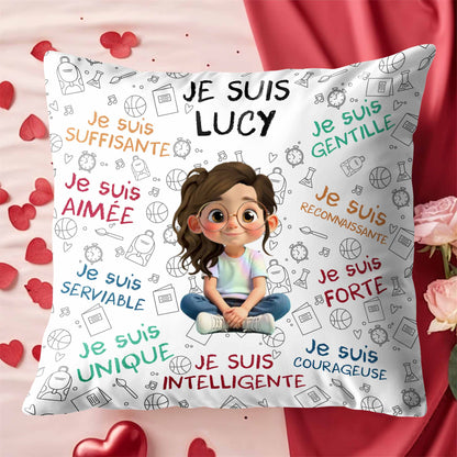Je Suis Unique, Courteous, Loved, Custom Cartoon Girl Pillow