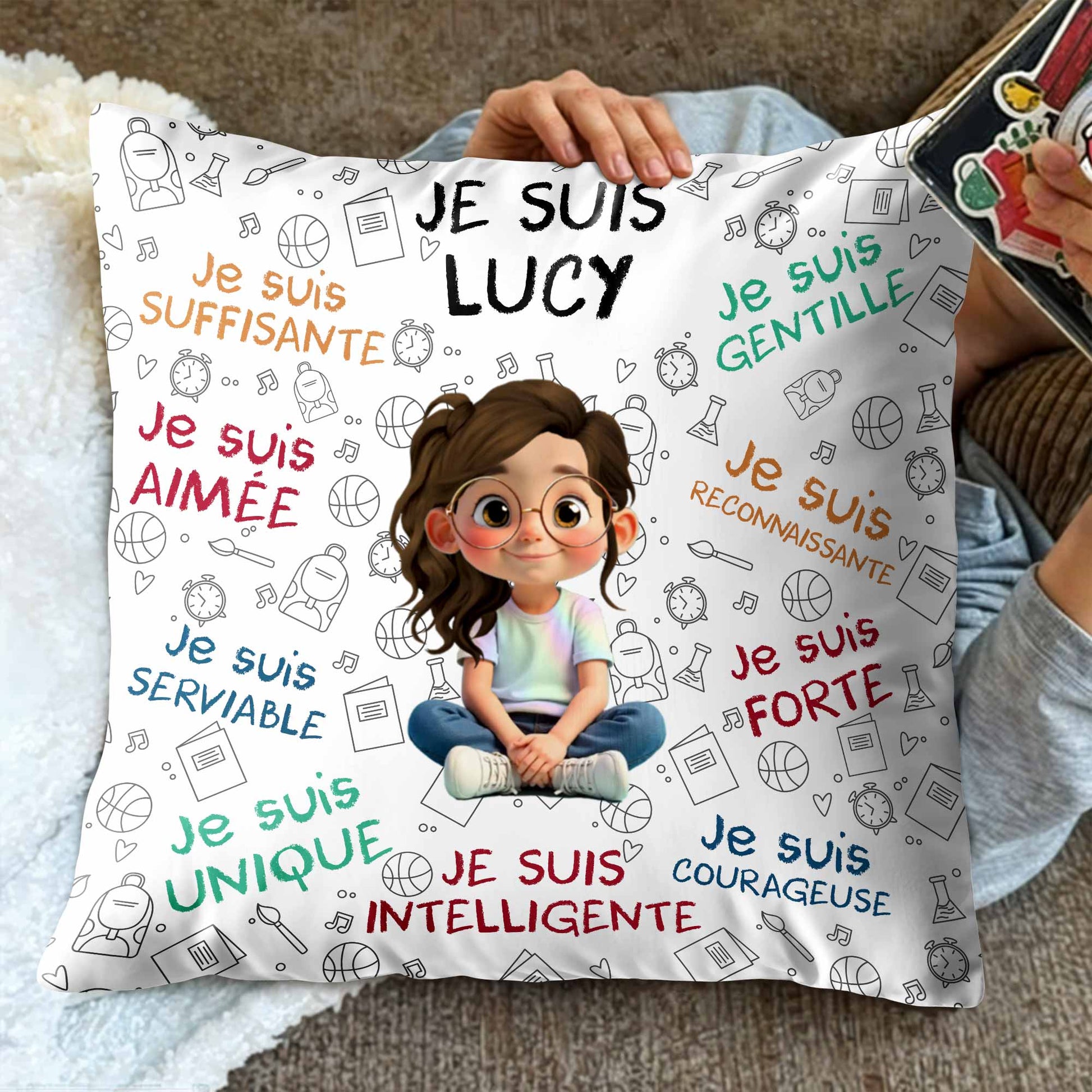 Je Suis Unique, Courteous, Loved, Custom Cartoon Girl Pillow