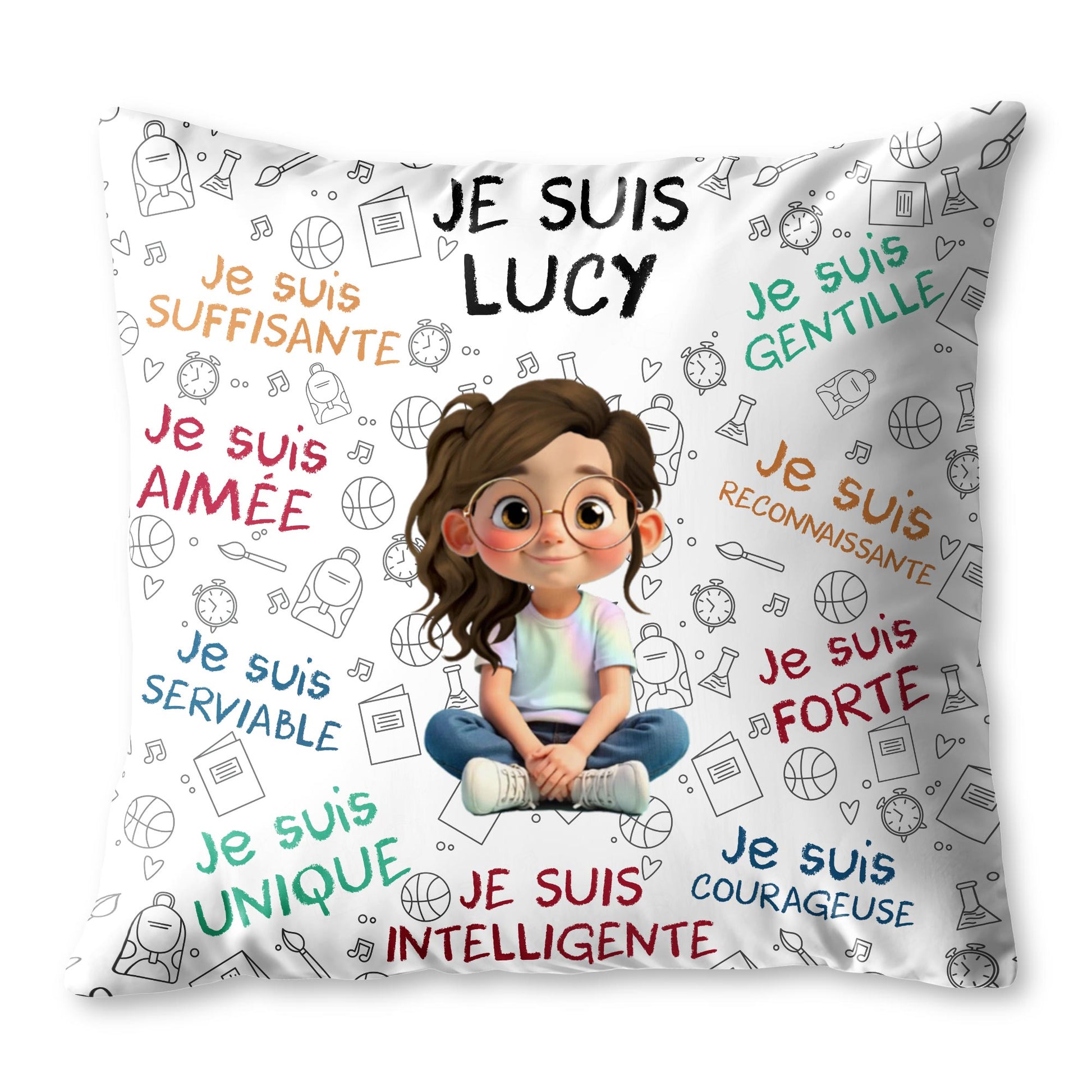Je Suis Unique, Courteous, Loved, Custom Cartoon Girl Pillow