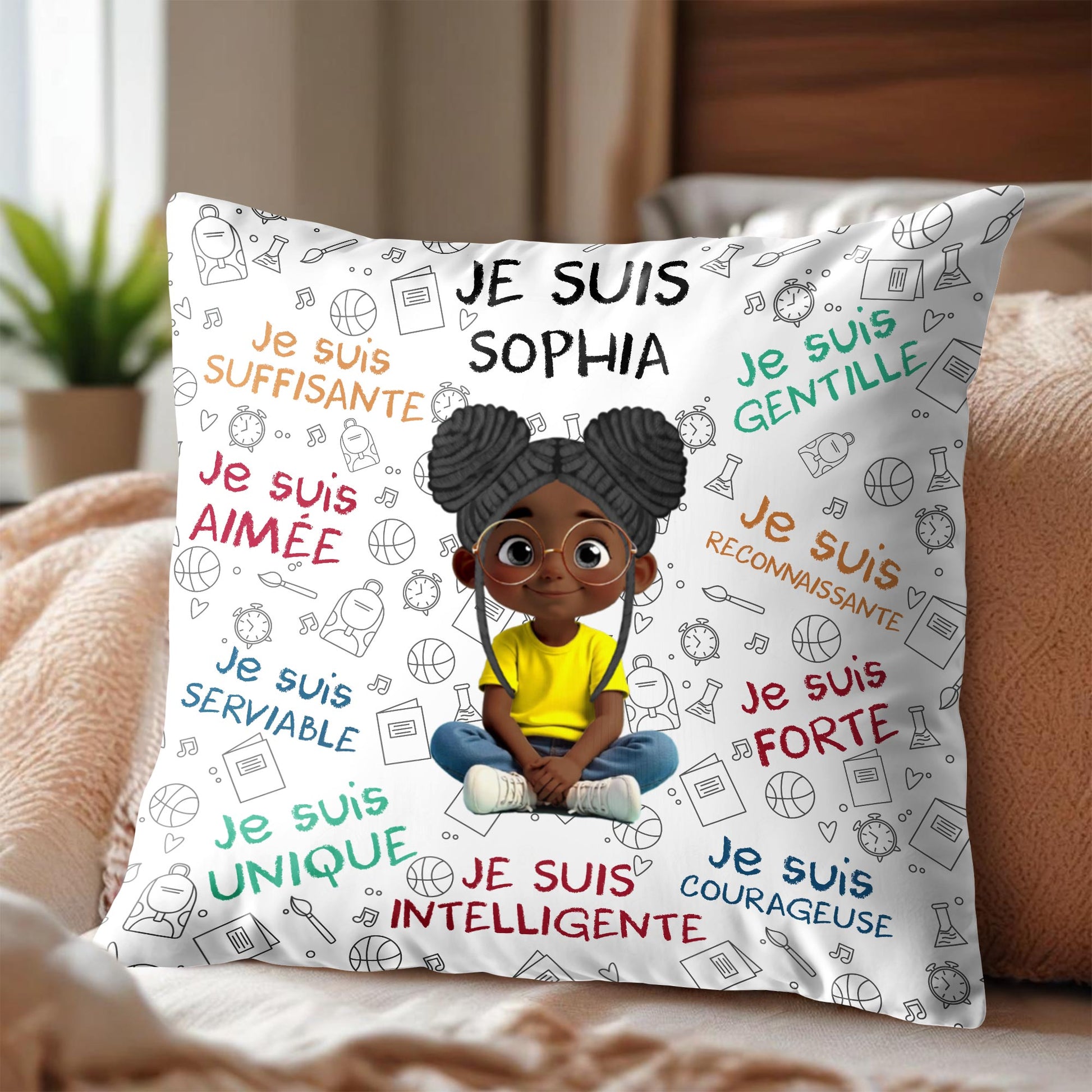 Je Suis Unique, Courteous, Loved, Custom Cartoon Girl Pillow