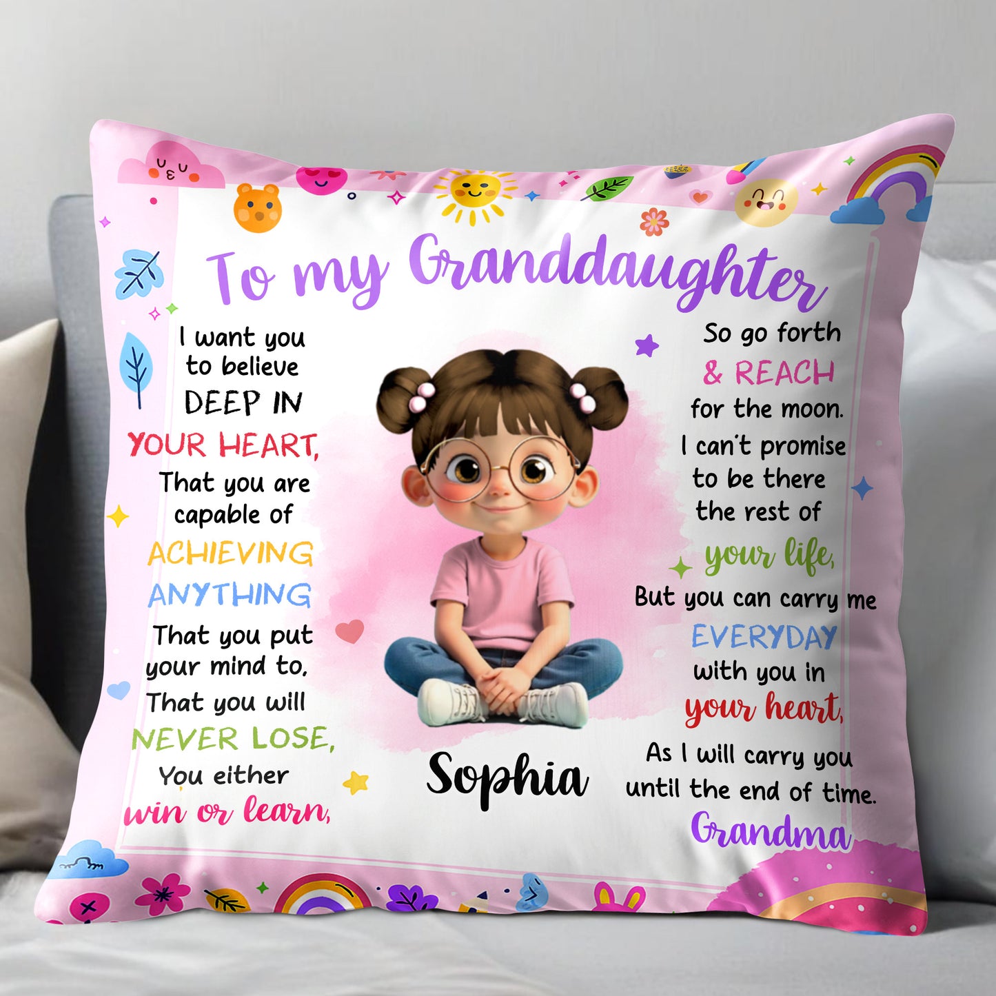 To My Granddaughter Believe In Yourself Cute Girl Hearts Stars - Personalized Custom Pillow, Insert Included - KID321_PLW