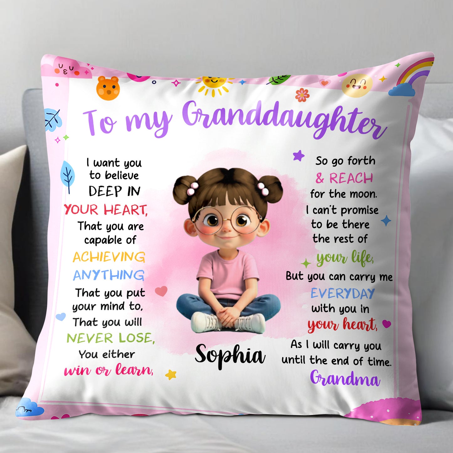 To My Granddaughter Believe In Yourself Cute Girl Hearts Stars - Personalized Custom Pillow, Insert Included - KID321_PLW