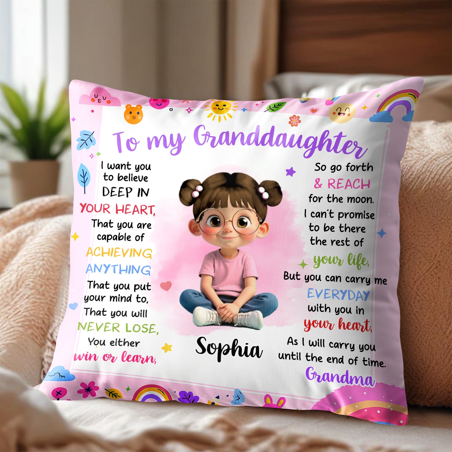 To My Granddaughter Believe In Yourself Cute Girl Hearts Stars - Personalized Custom Pillow, Insert Included - KID321_PLW