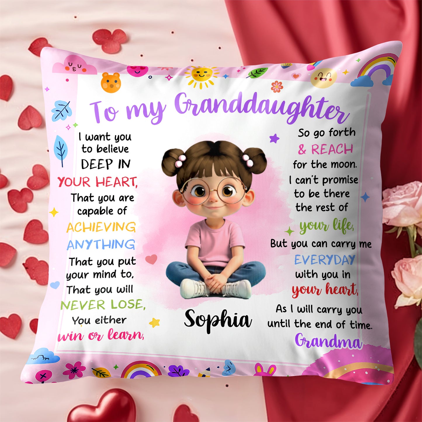 To My Granddaughter Believe In Yourself Cute Girl Hearts Stars - Personalized Custom Pillow, Insert Included - KID321_PLW