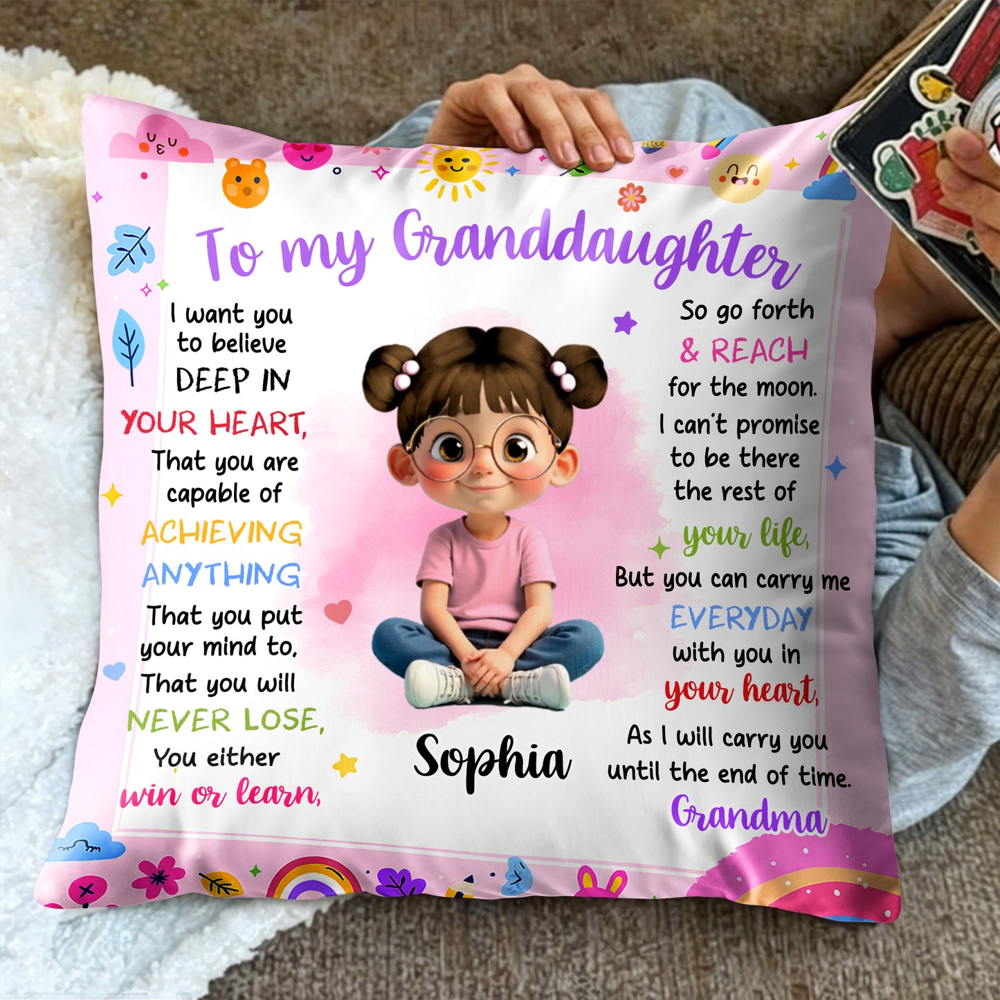 To My Granddaughter Believe In Yourself Cute Girl Hearts Stars - Personalized Custom Pillow, Insert Included - KID321_PLW
