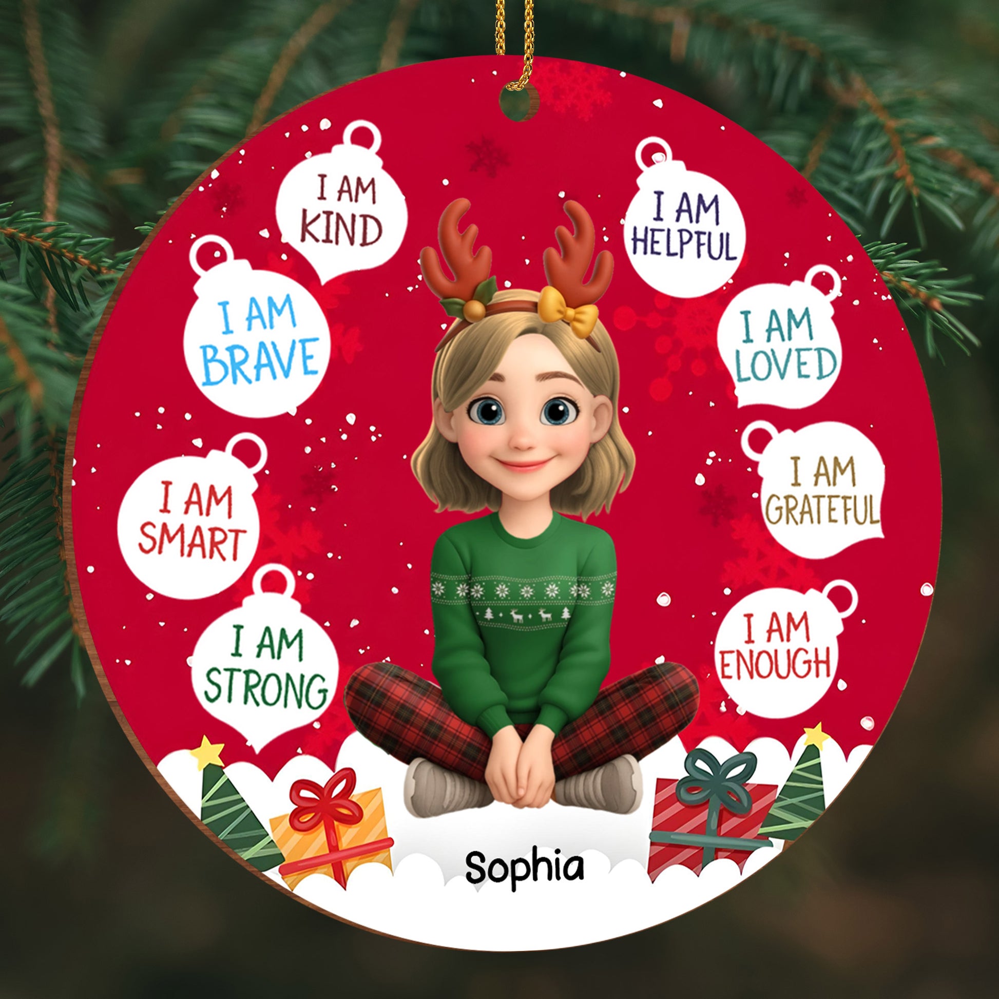 I Am Kind And Brave, Christmas Ornament Featuring Reindeer Antlers And Presents