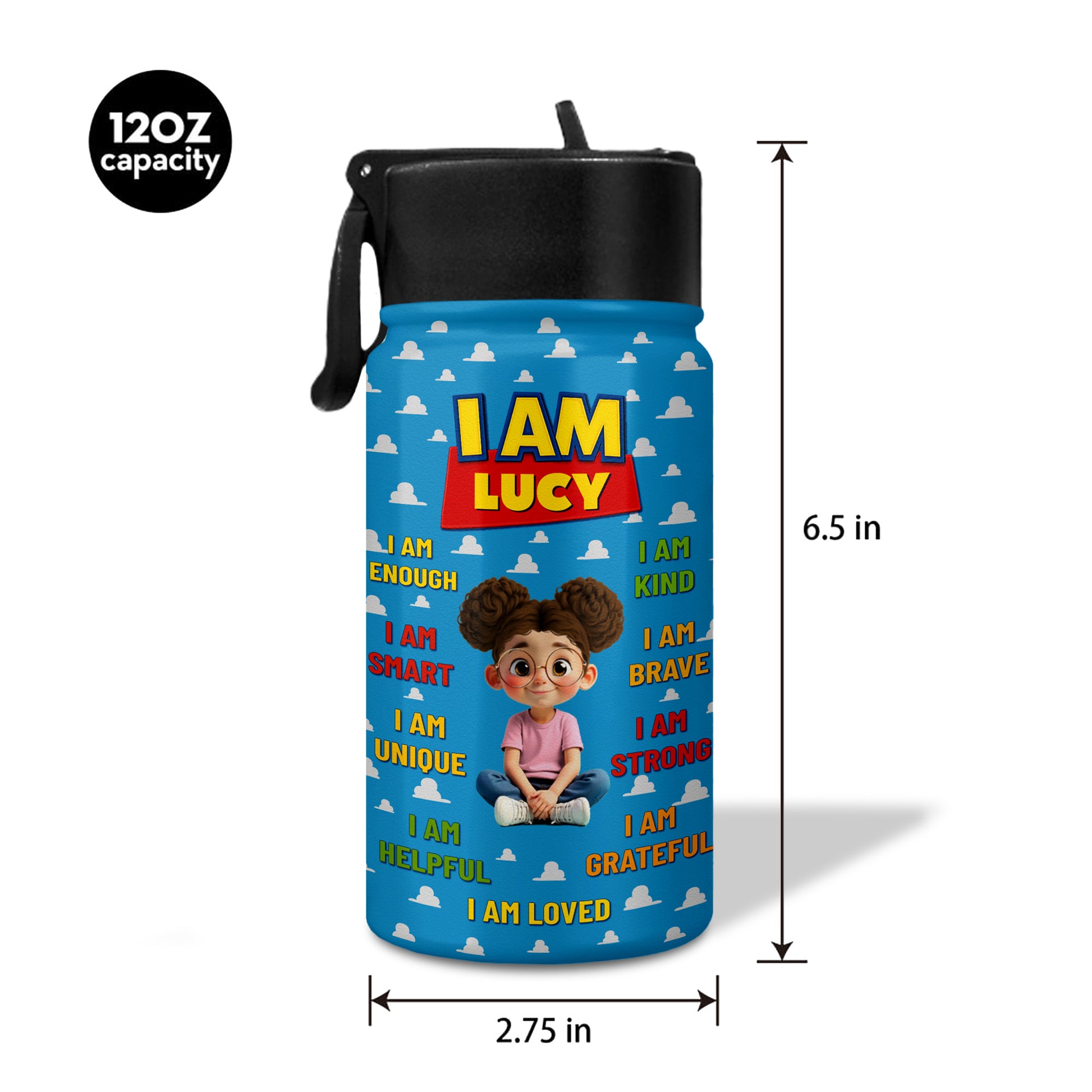 I Am Kind, Brave, Strong, Loved, Clouds And Cartoon Girl Design