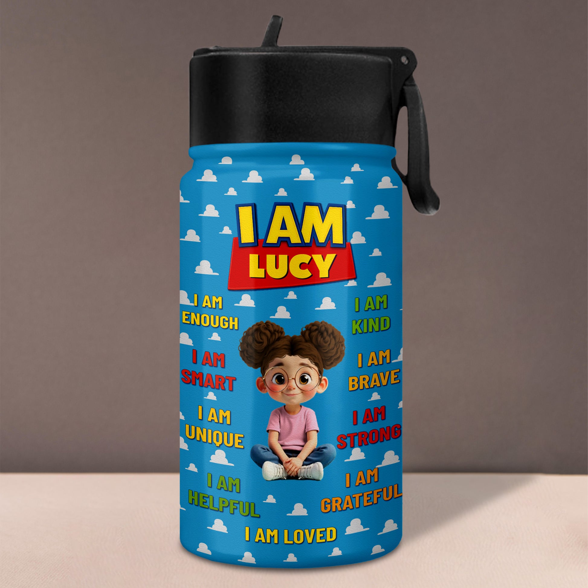 I Am Kind, Brave, Strong, Loved, Clouds And Cartoon Girl Design