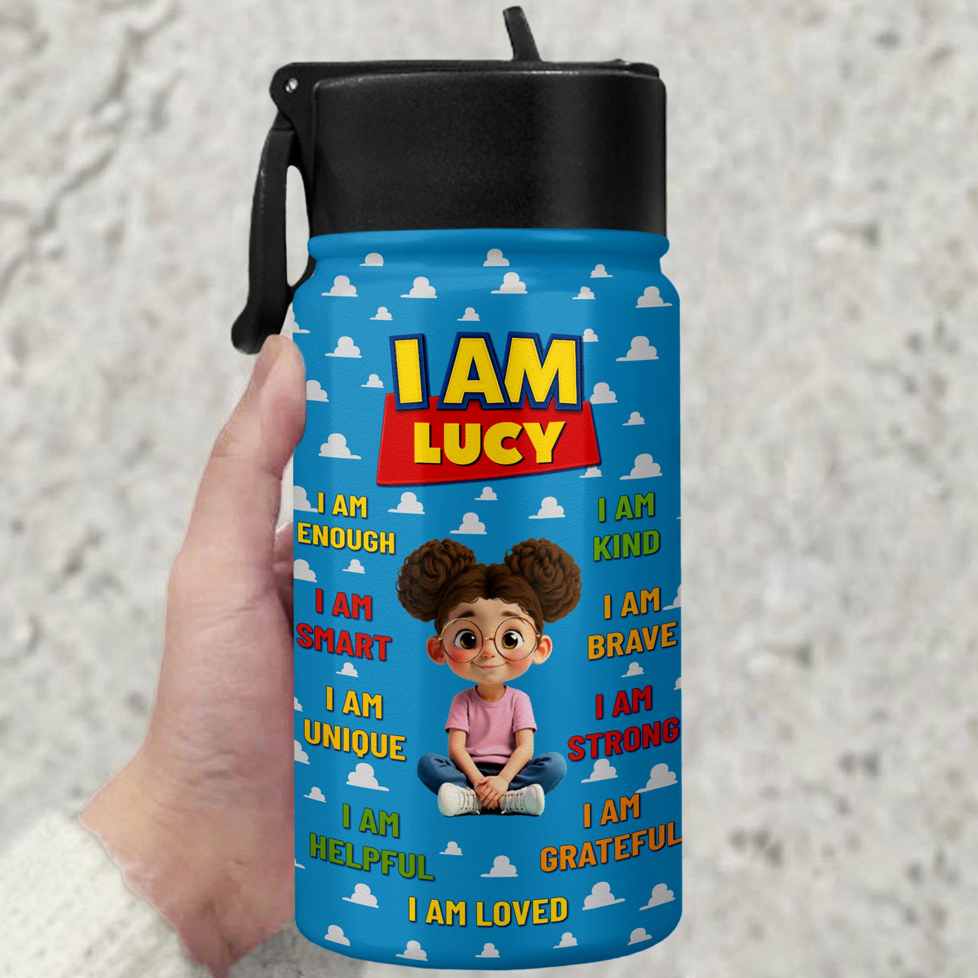 I Am Kind, Brave, Strong, Loved, Clouds And Cartoon Girl Design