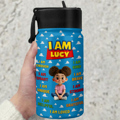 I Am Kind, Brave, Strong, Loved, Clouds And Cartoon Girl Design