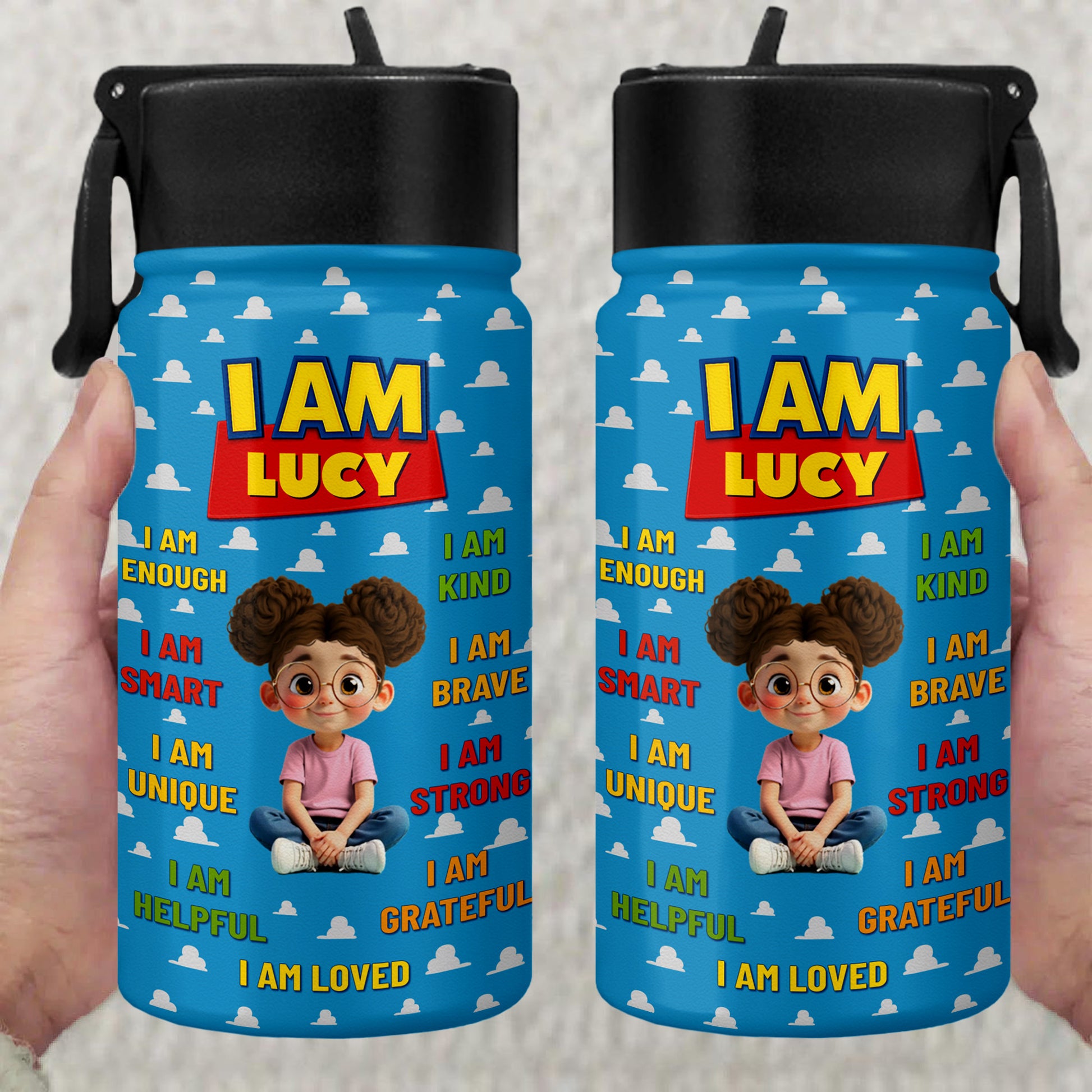 I Am Kind, Brave, Strong, Loved, Clouds And Cartoon Girl Design