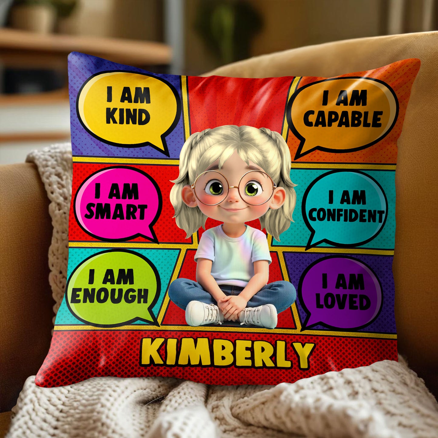 I Am Kind, Smart, Capable Comic Style Positive Affirmations Pillow