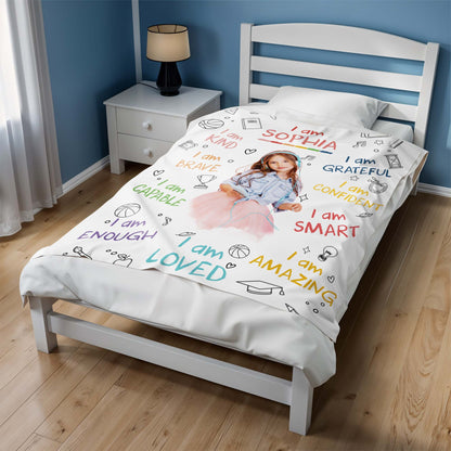 I Am Kind, Brave, Capable, Loved Blanket With Positive Affirmations - Personalized Custom Blanket - KID336_BLK
