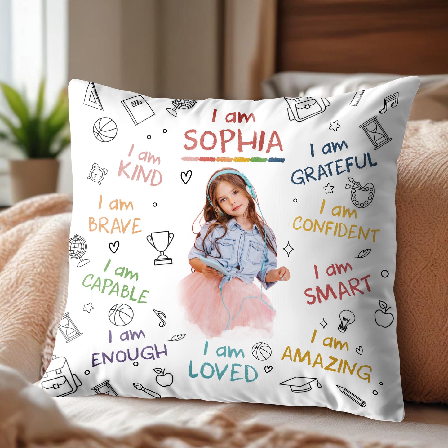 I Am Brave, Kind, Confident, Empowering Pillow for Young Girls - Personalized Custom Pillow, Insert Included - KID336_PLW