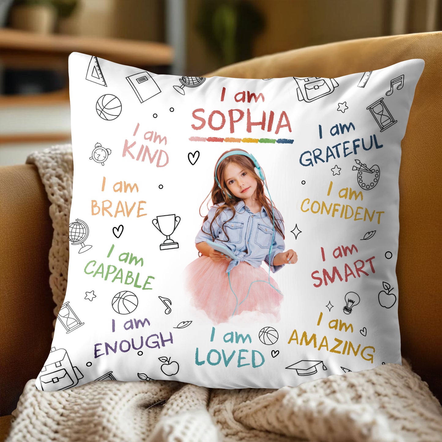 I Am Brave, Kind, Confident, Empowering Pillow for Young Girls - Personalized Custom Pillow, Insert Included - KID336_PLW