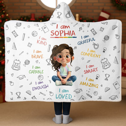 I Am Kind, Brave, Capable, Enough, Loved, Inspirational Hooded Blanket