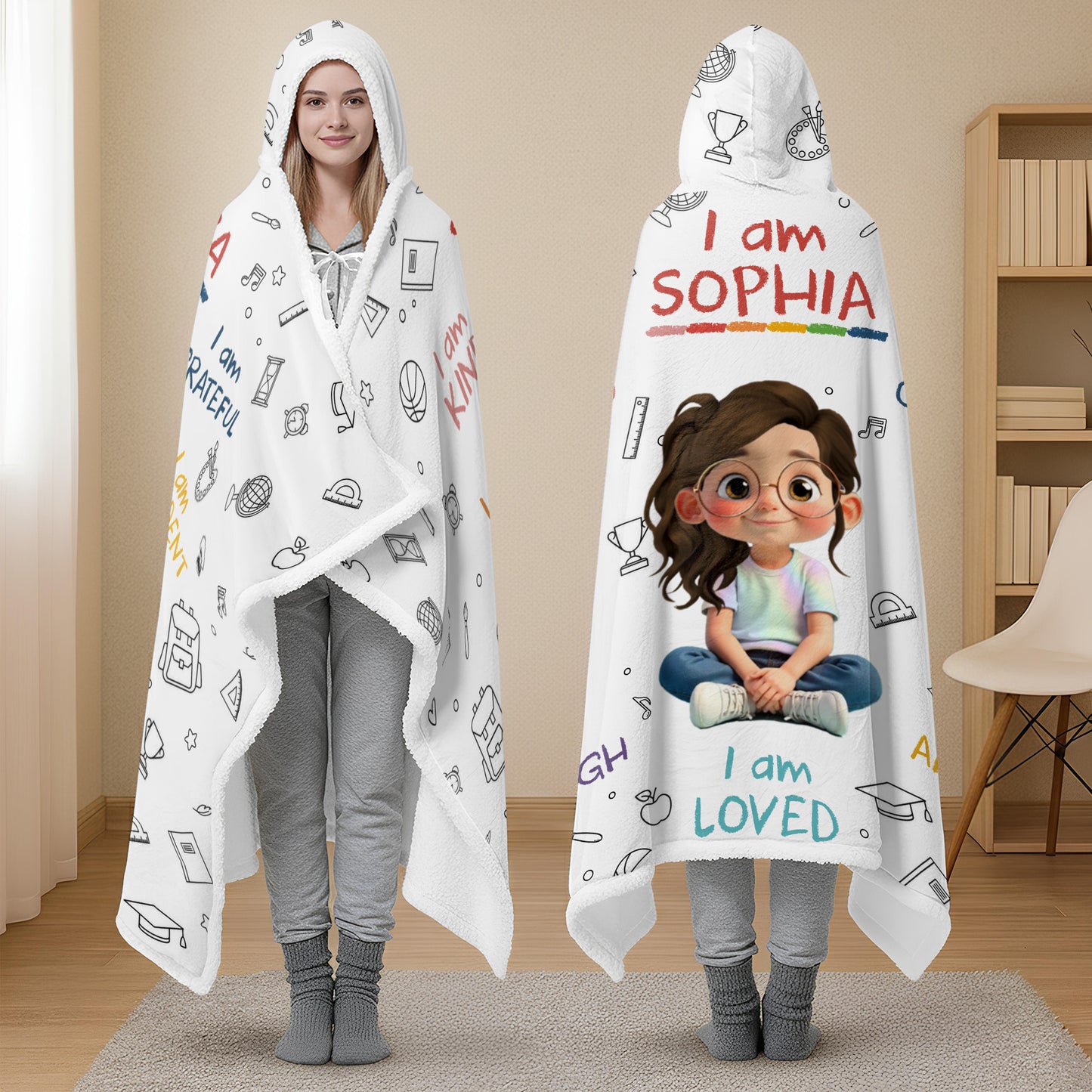 I Am Kind, Brave, Capable, Enough, Loved, Inspirational Hooded Blanket