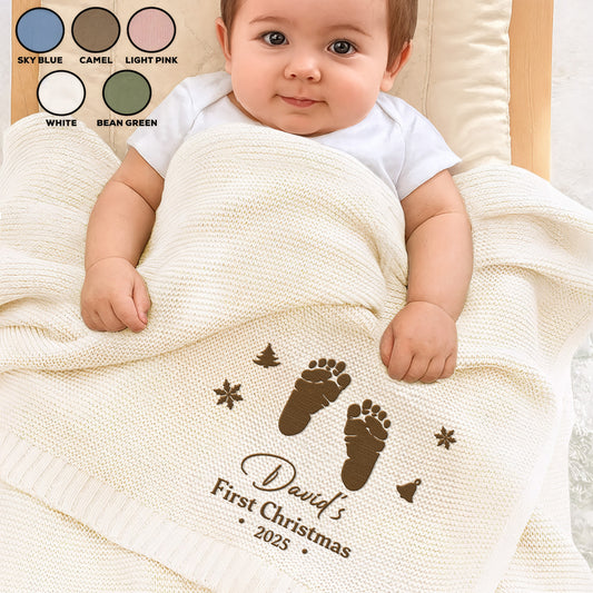 First Christmas Embroidered With Baby Footprints